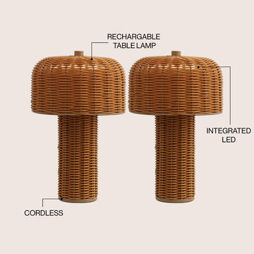 Mia 10" Modern Scandinavian Indoor/Outdoor Faux Wicker Rechargeable/Cordless Dimmable Integrated LED Table Lamp, Set of 2